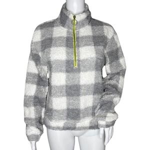Wallflower‎ Shirt Womens Medium Gray White Plaid Fleece Sweatshirt Casual Preppy